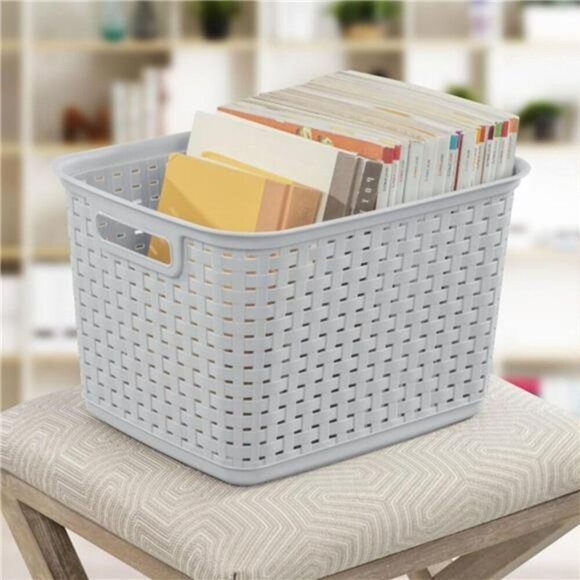 Plastic Wicker Storage Bins Set of 6 Tall Basket Organizer for Closet Shelves - Picture 2 of 7
